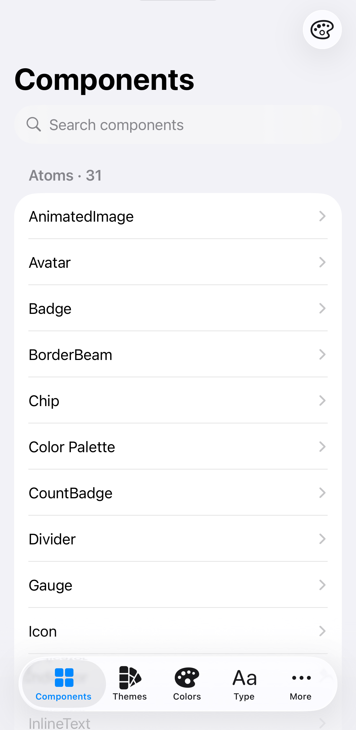 The ThemeKit component catalog in the demo app