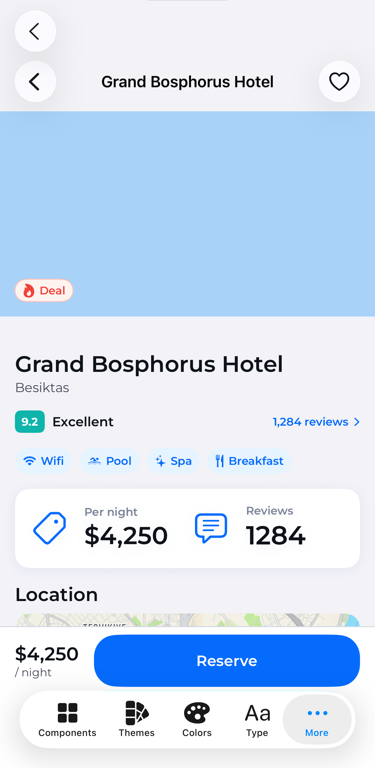 A hotel detail screen built entirely from ThemeKit components