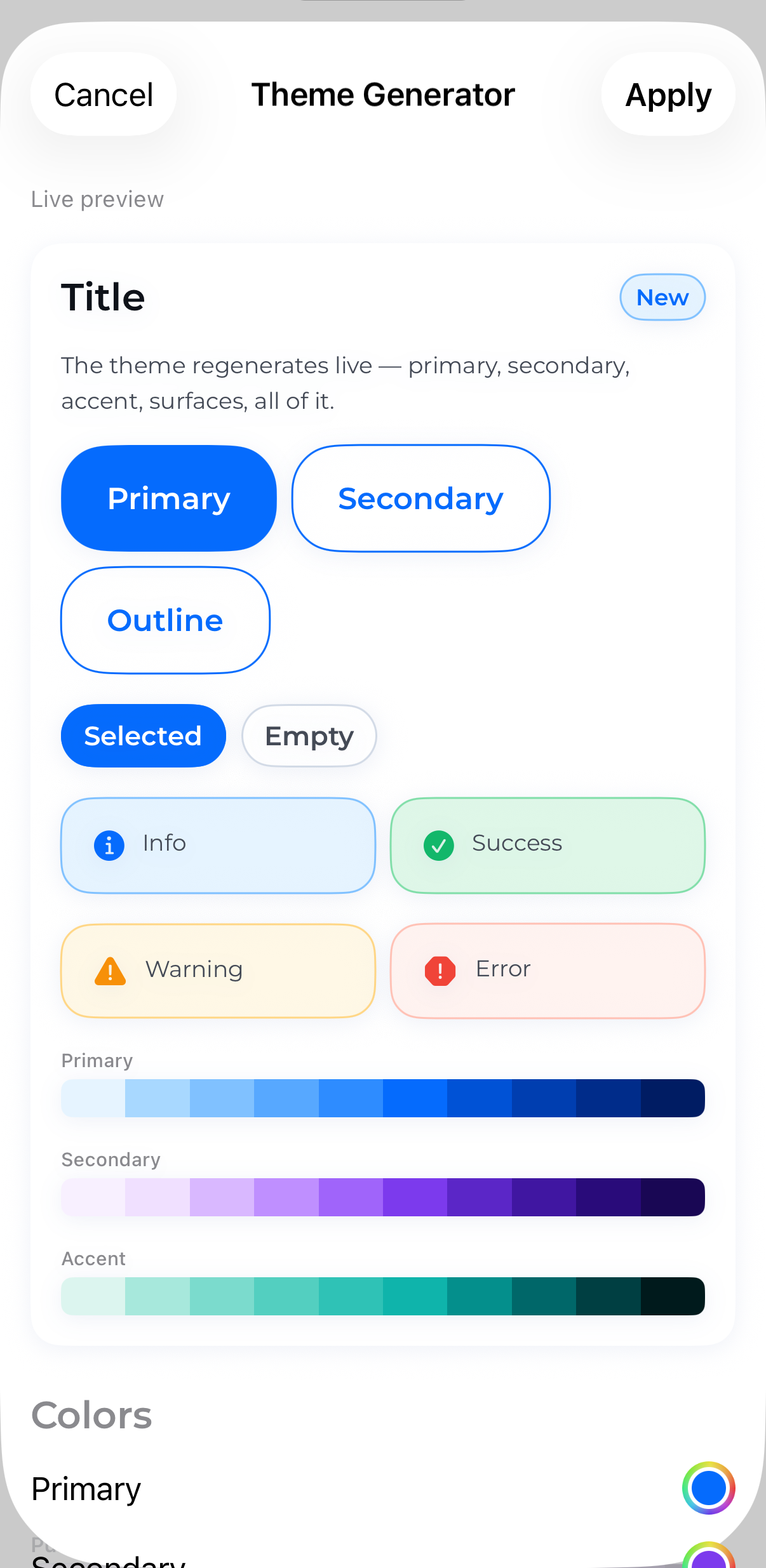 The on-device theme generator deriving a full palette from one accent color